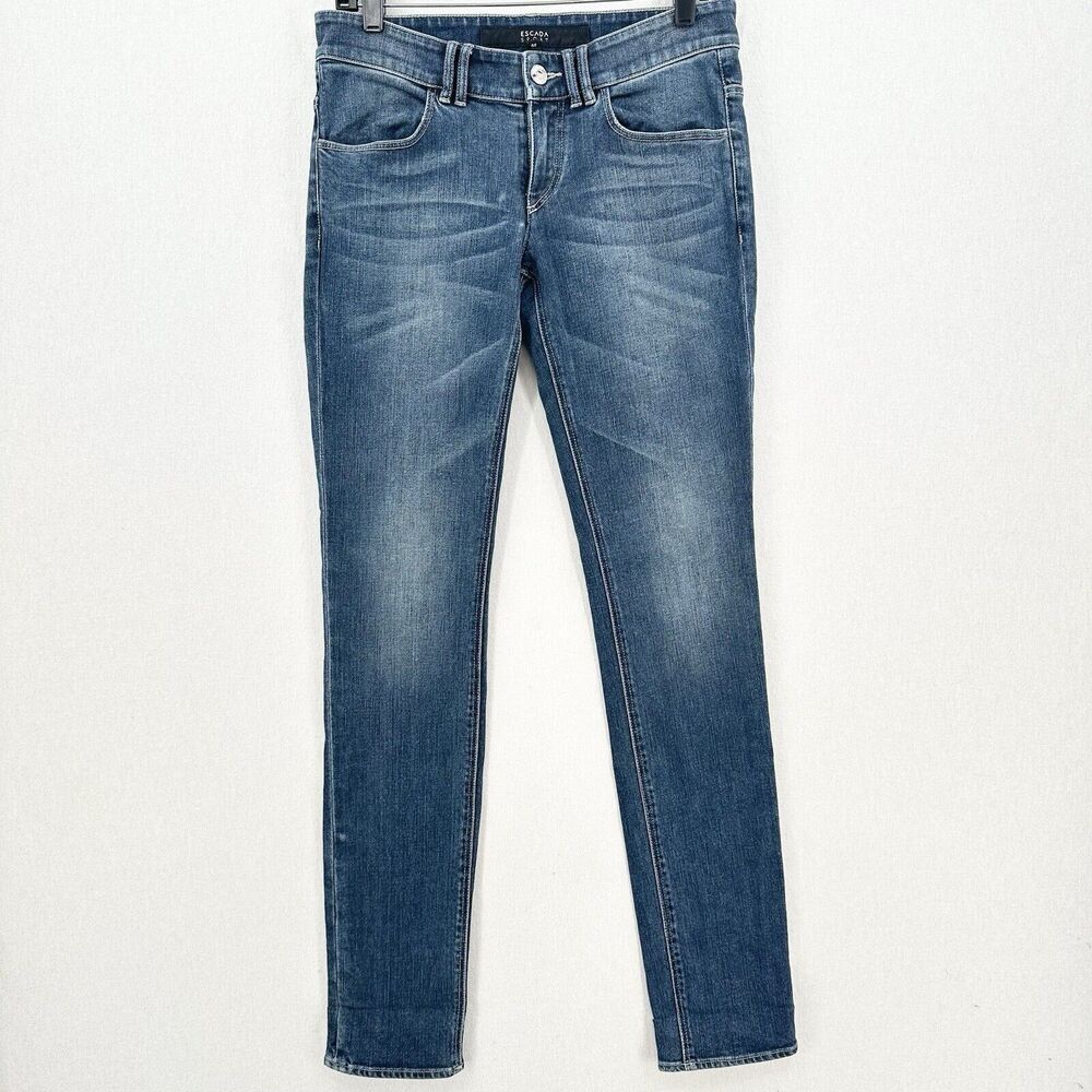 Escada Sport Selvedge Jeans Womens 6 EUR36 Skinny Blue Denim Tie Flaps Distress